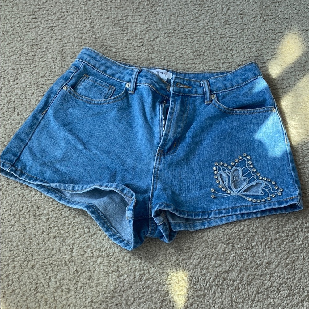 Forever 21 Women’s 28 Blue Denim Women's Shorts with Butterfly Embellishment